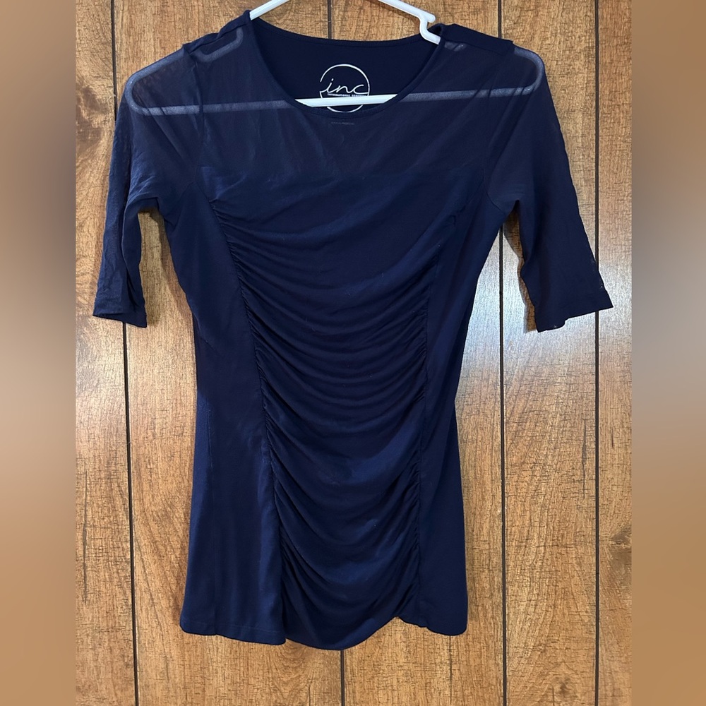 INC International Concepts Navy Ruched Short Sleeve Tee